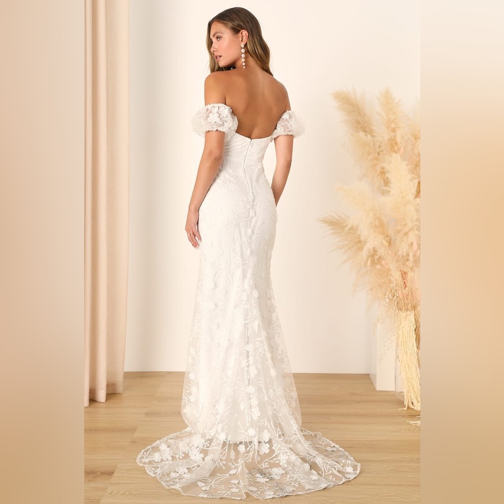 Lulu's Off-Shoulder Lace Wedding Dress in White - Picture 2 of 4